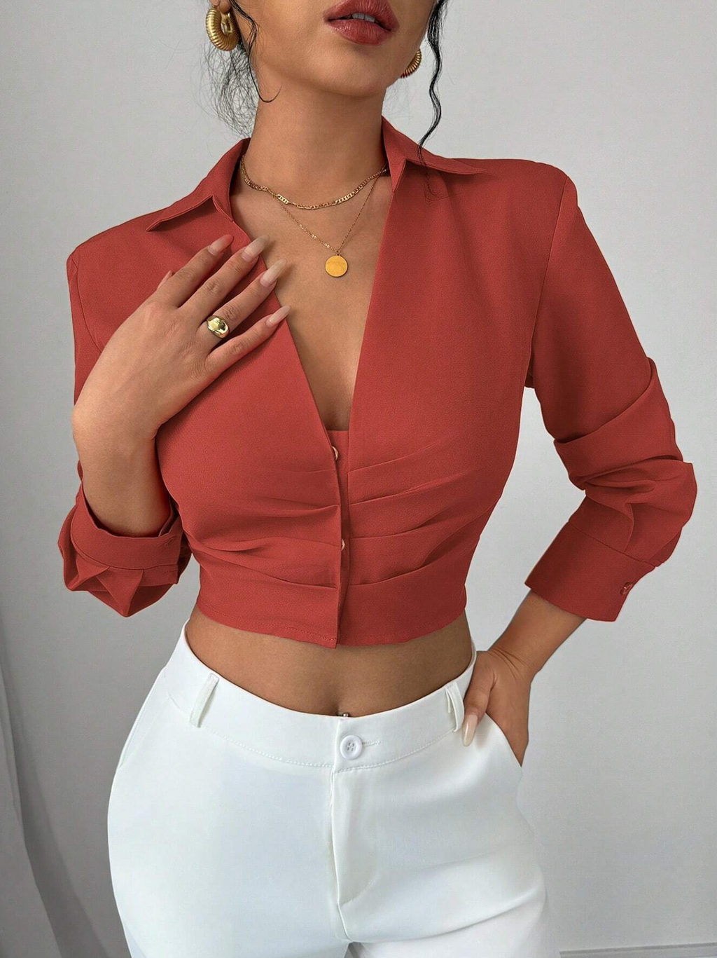 RosyDaze Casual Solid Color Pleated Cropped Shirt
