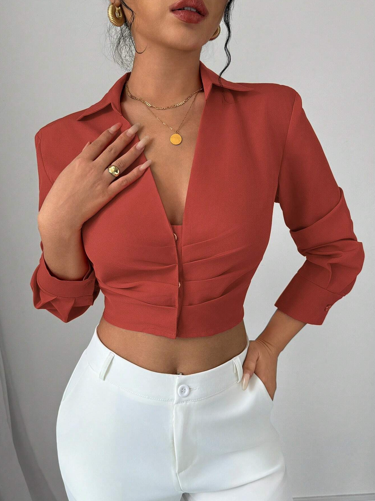 RosyDaze Casual Solid Color Pleated Cropped Shirt
