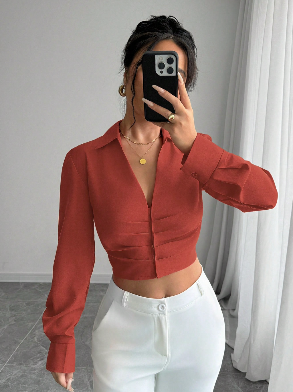 RosyDaze Casual Solid Color Pleated Cropped Shirt