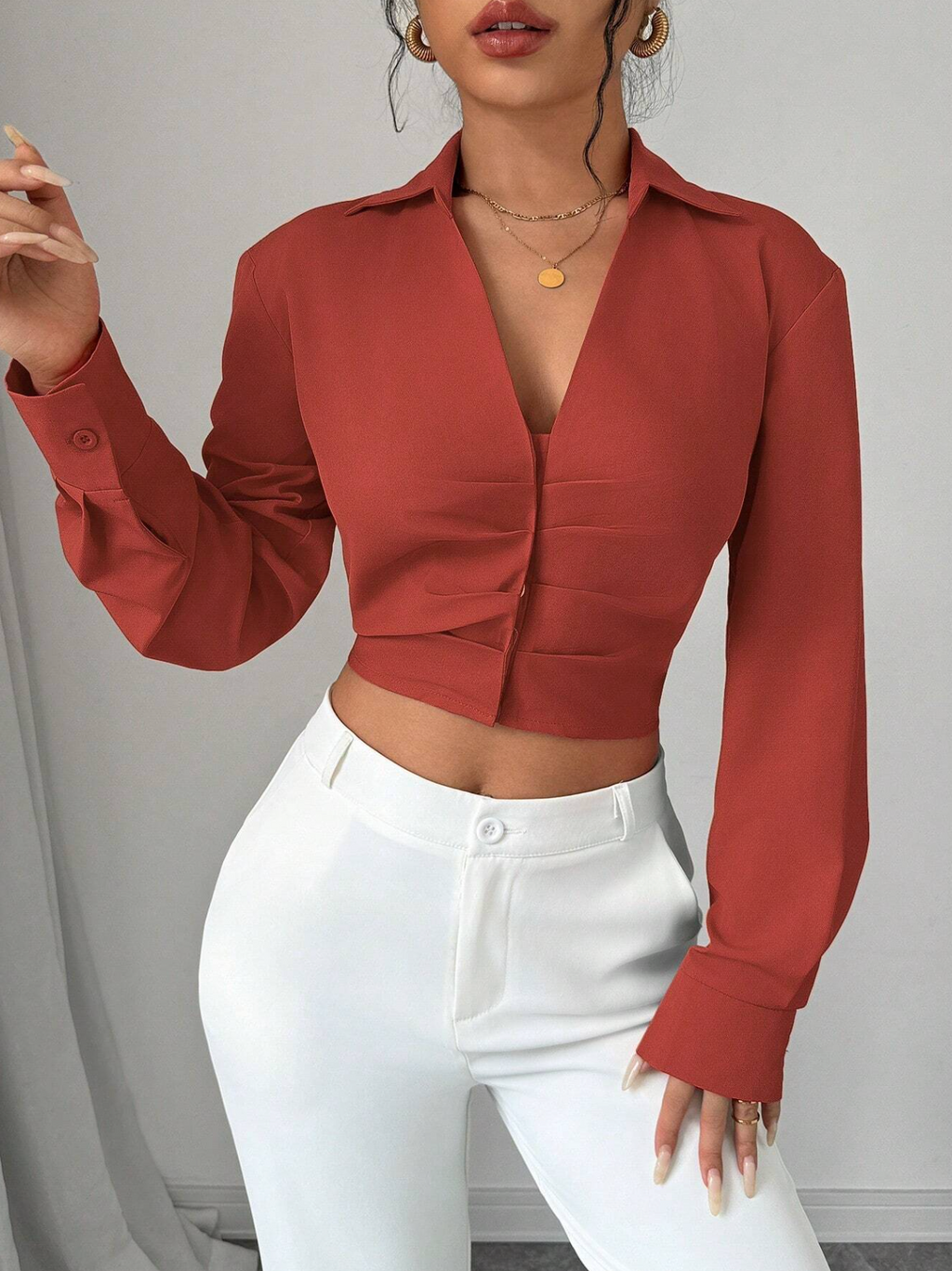 RosyDaze Casual Solid Color Pleated Cropped Shirt