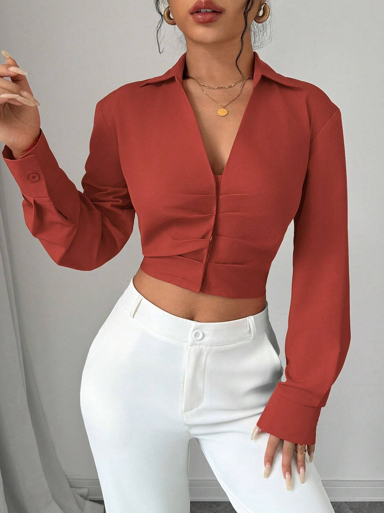 RosyDaze Casual Solid Color Pleated Cropped Shirt