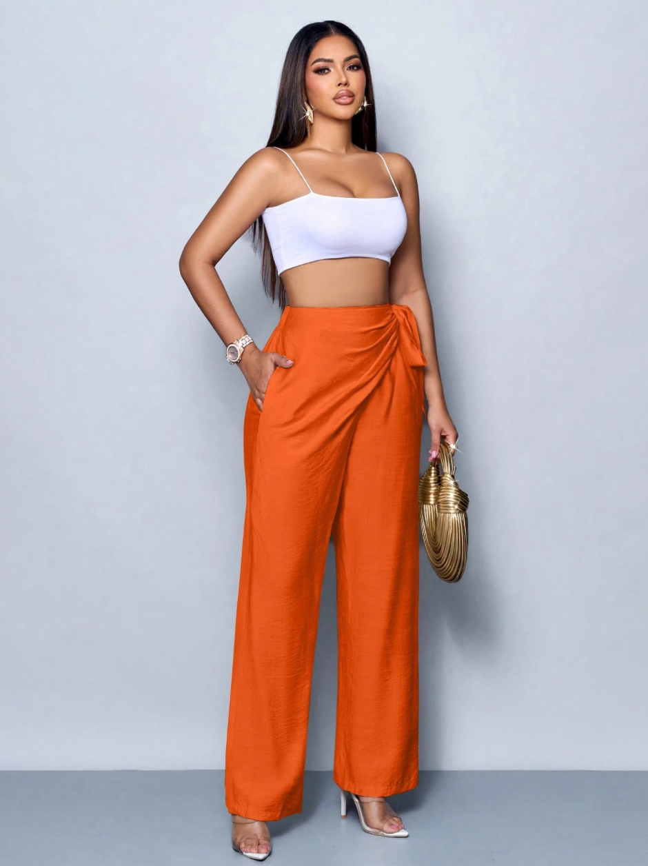 Linen-Blend High Waist Wide Leg Pants
