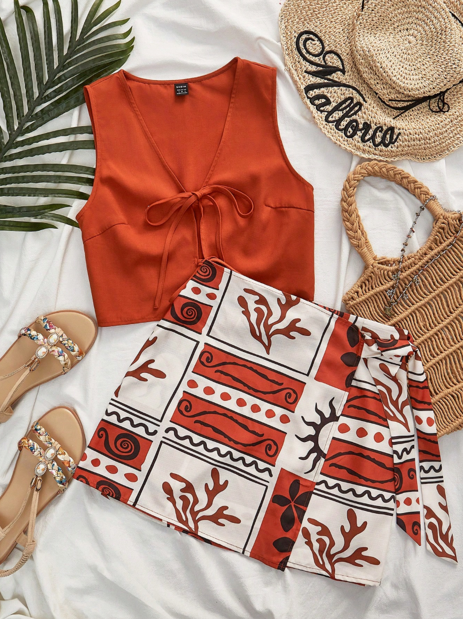 Cropped Tank Top & Printed Mini Skirt