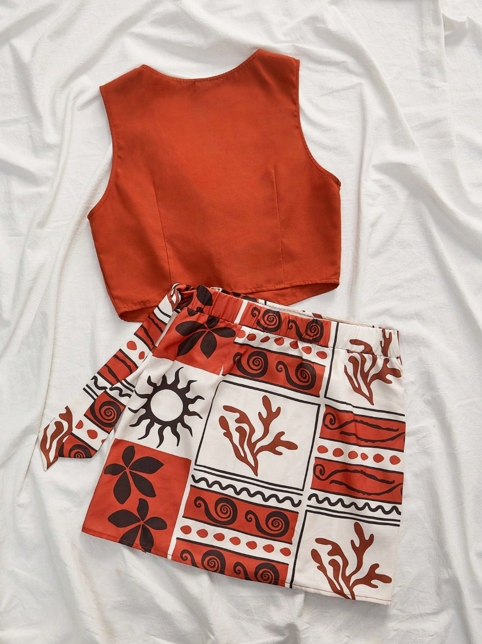 Cropped Tank Top & Printed Mini Skirt